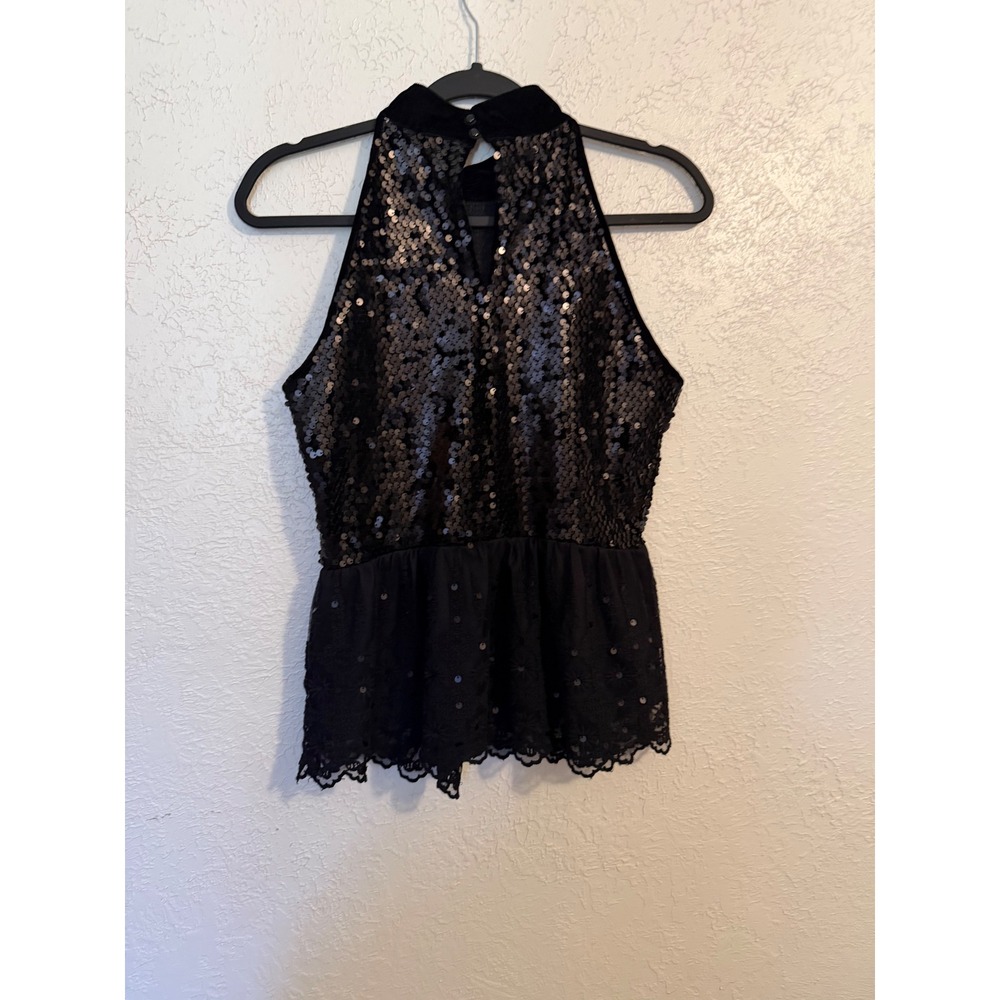 Boston Proper Black Sequin Halter Top Lace Peplum Velvet Neck Keyhole XS - Picture 8 of 8